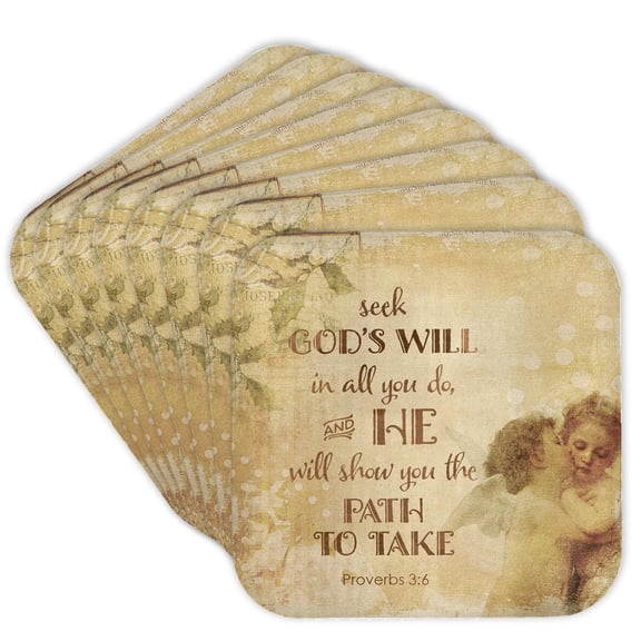 3drose, Religious Typography Art with Angels and Bible Psalm Seek God, Set of 8 Coasters - Soft
