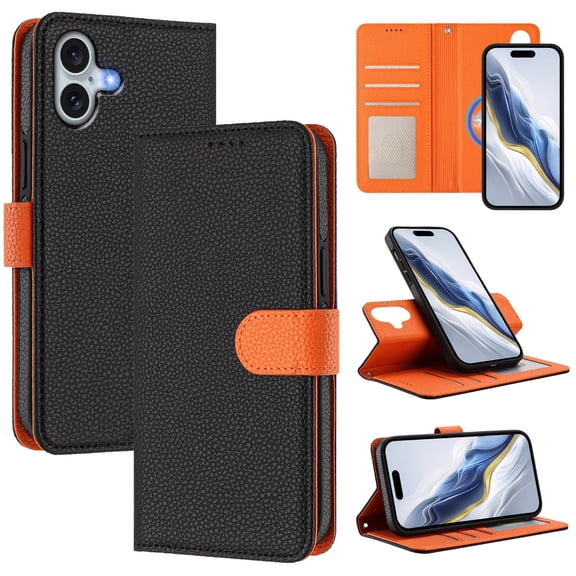 Decase 2 in 1 Flip Stand Case for iPhone 16 Plus,Detachable Magnetic Flip Wallet Back Cover,Support for Mag Safe,Shockproof PU Leather Cover with Wrist Strap,Black
