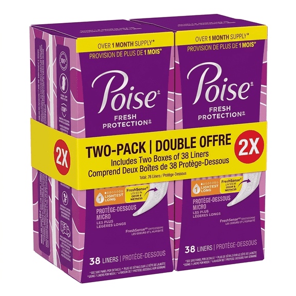 (2 pack) Poise Microliners Incontinence Panty Liners, 1 Drop Lightest Absorbency, Long, 38 Count