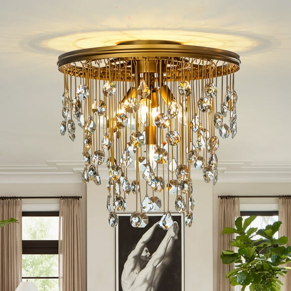 5-Light 20'' Modern Antique Gold Flush Mount With Rain Drop Crystal Shade