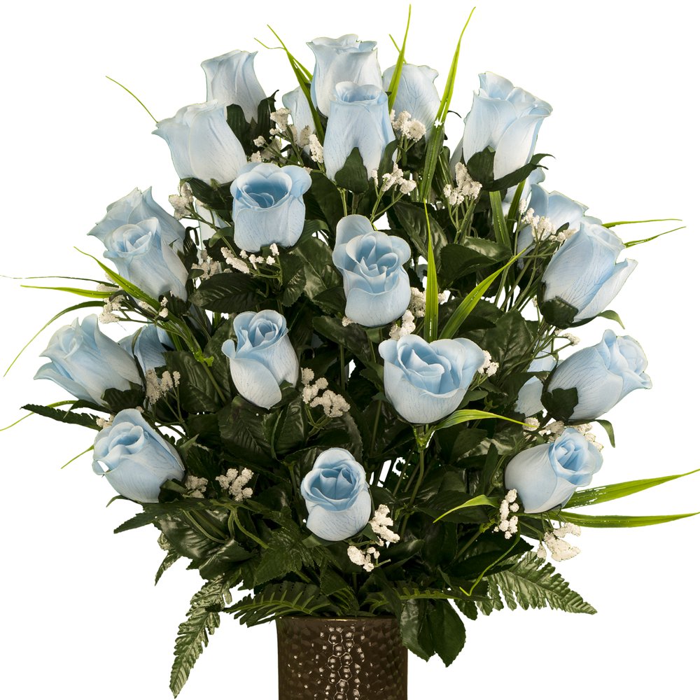 Sympathy Silks Artificial Cemetery Flowers Light Blue Roses with Lily