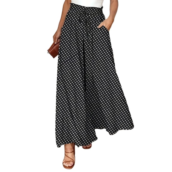 Palazzo Polka Dot Pants for Womens Drawstring Wide Leg High Waist Baggy Pants with Pockets Lightweight Trendy Trousers Dark Gray M