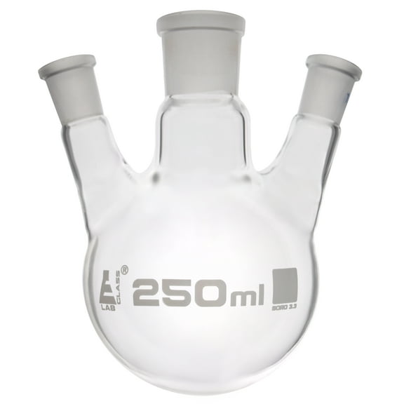 Boiling Flask with 3 Joints, 250ml - Center Socket 24/29, Side Sockets 14/23 - Round Bottom, Interchangeable Joints - Borosilicate Glass - Eisco Labs