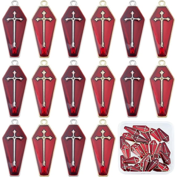 1 Box 30Pcs 2 Styles Red Coffin Charms Horror Enamel edge Silver Coffin Cross Halloween Pendants Gothic Dangle Earring Pendants for Jewelry Making Charms DIY Crafting Party Decoration Favors DIY