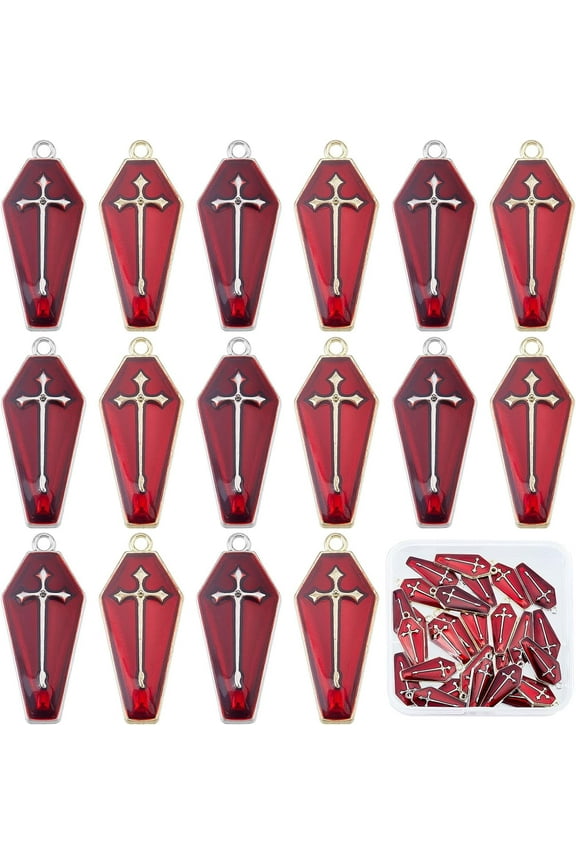 1 Box 30Pcs 2 Styles Red Coffin Charms Horror Enamel edge Silver Coffin Cross Halloween Pendants Gothic Dangle Earring Pendants for Jewelry Making Charms DIY Crafting Party Decoration Favors DIY