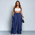 thumbnail image 5 of Drawstring Cotton Linen Pants for Women, High Waist Wide Leg Harem Trousers with Pockets - Breathable Loose Fit Boho Palazzo Pants Royal Blue M, 5 of 5