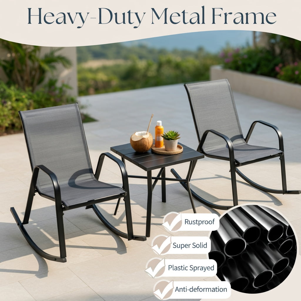 Hommoo 2-Pack Modern Metal Rocking Chairs for Patio, Rust-Resistant Steel Frame, Breathable Fabric Seat, Outdoor Rockers with Safety Stopper, Gray