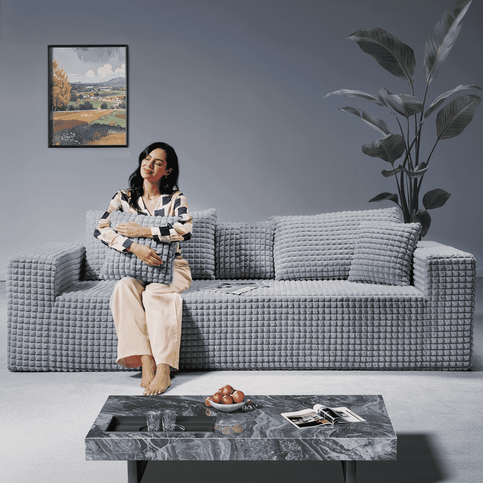 Patbrela 101" Couch for Living Room Furniture Diamond Boneless Sofa with 31-inch Extra Deep Seat, No Assembly, Gray