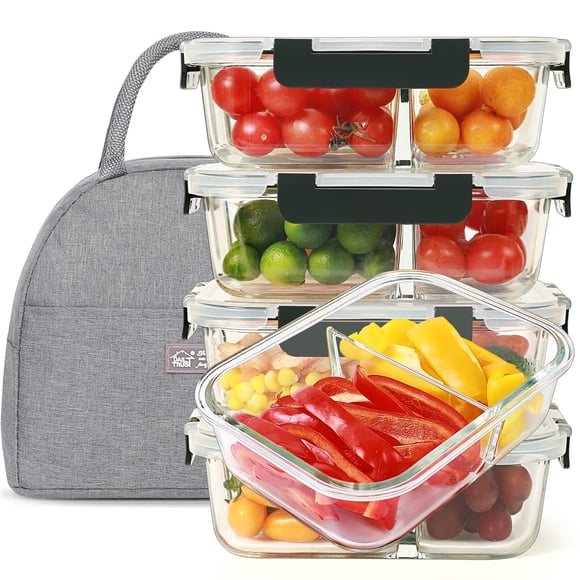 DAS TRUST 5 Pack 36oz Food Storage Containers 2 Compartment Glass Meal Prep Containers with Lids Lunch Containers for Adult with Divider Reusable Lunch Box Bento Box