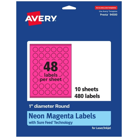 Avery Printable Round Labels, Neon Magenta, 1" Diameter, 480ct