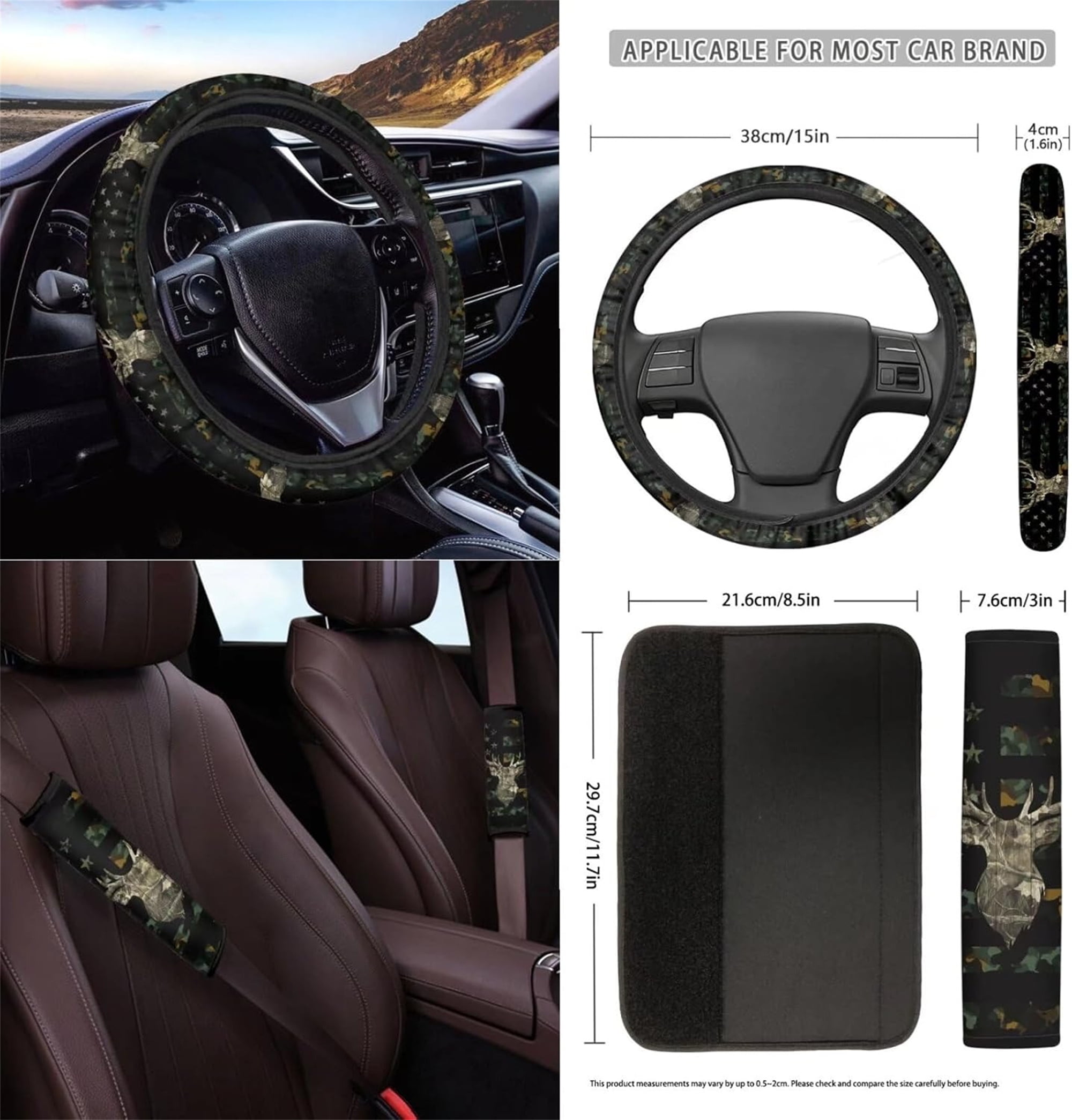 Jeiento Deer 12 Pcs Front Car Seat Cover Set with Bucket Seat Cover Steering Wheel Cover Seat Belt Pad Armrest Cover Coaster Trash Bag Air Vent Bag Rearview Mirror Cover Keychain American Flag Camo