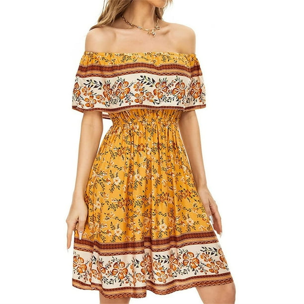 Minnieouse Vestido corto Cintura alta Vestido de verano Vacaciones en la playa Ropa de verano Caqui L Prendas para la parte del cuerpo Amarillo METRO Minnieouse AP010707-10