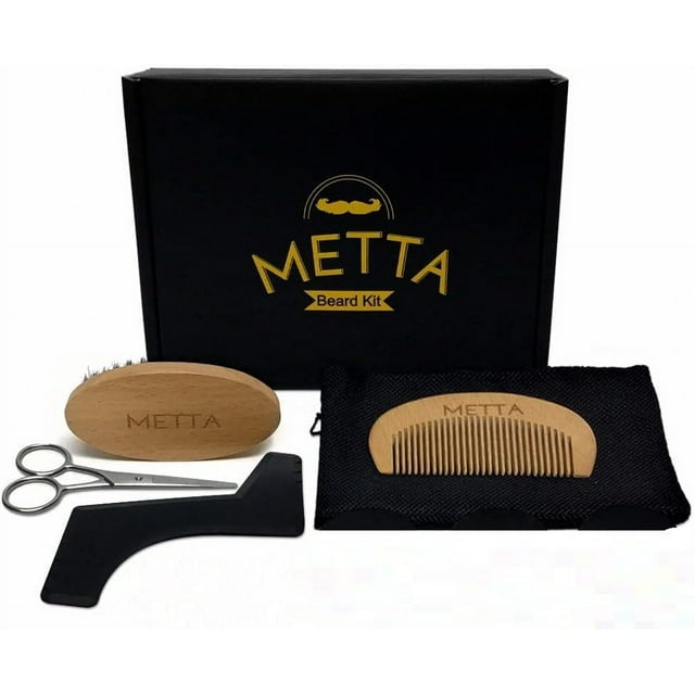 Metta 6-in-1 Beard Grooming Kit for Beard Care - Includes Boar Bristle Brush, Comb, Sharp Scissors - Mens Grooming Kit Set With Gift Box and Beard Care E-book