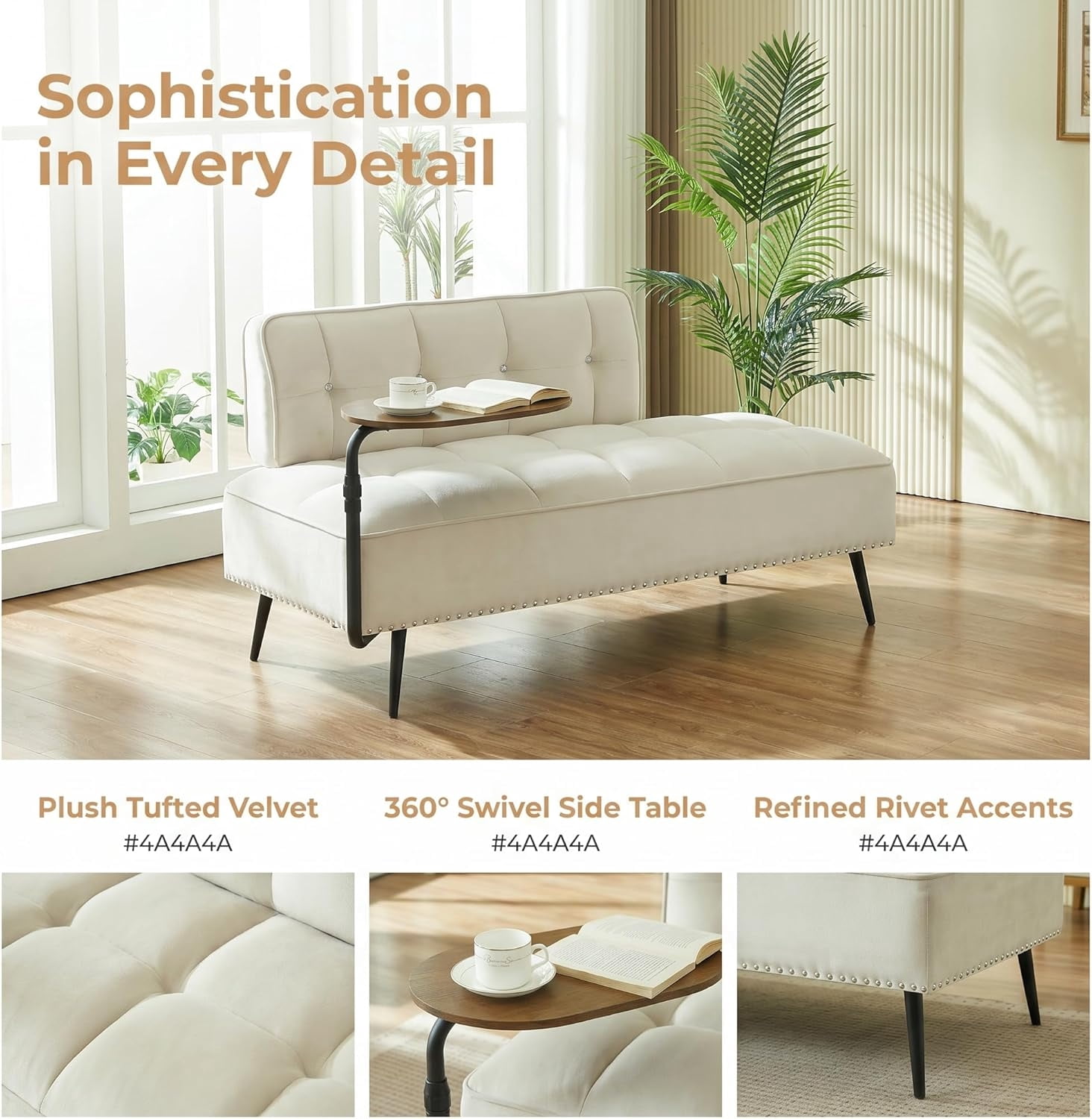 MOONMISS 54 inch 2-Seater Velvet Sofa with 360 Rotating Side Table Space Saving Multi Use Bench Office Living Room Apartment,Beige