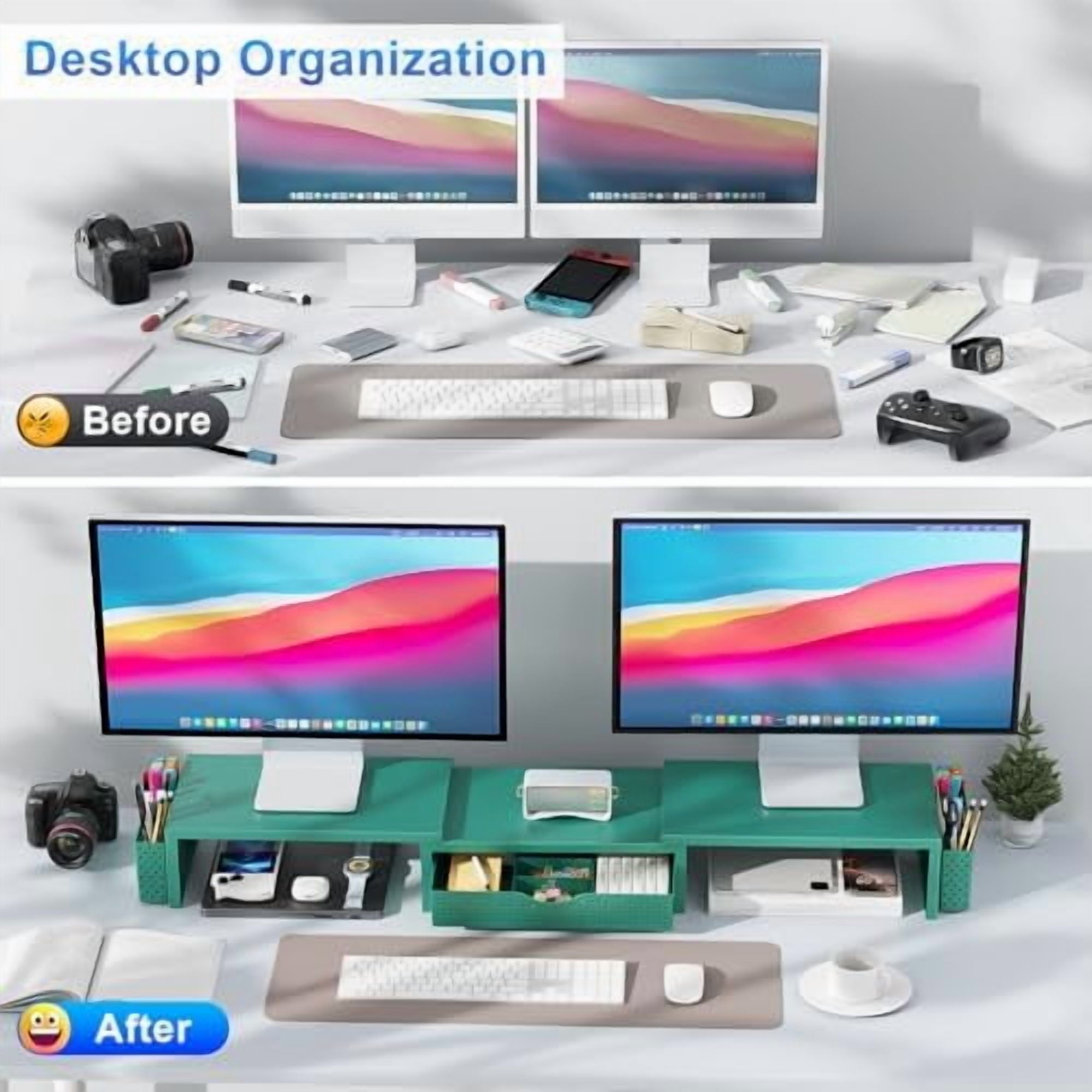 Dual Monitor Stand Riser, Desk Organizer With Drawer and 2 Pen Holders, Monitor Stand for Desk, Office Decor Essentials (Green)