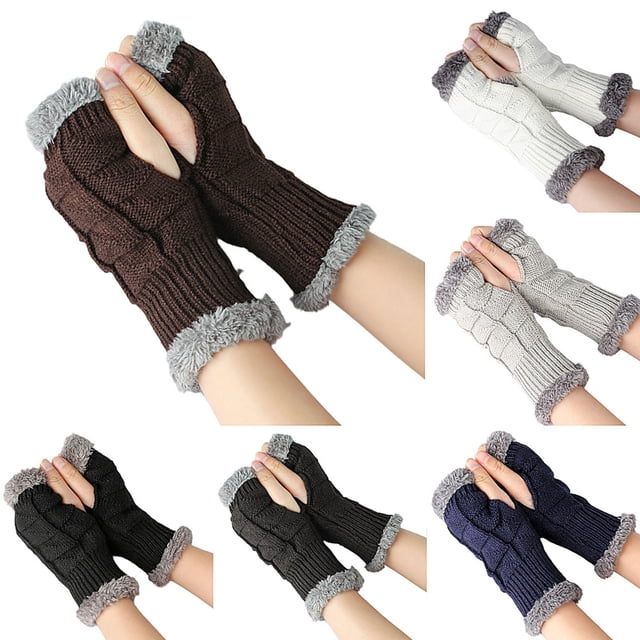 2 pares de guantes de invierno cálidos de punto sin dedos para mujer, calentadores de brazos con orificio para el pulgar