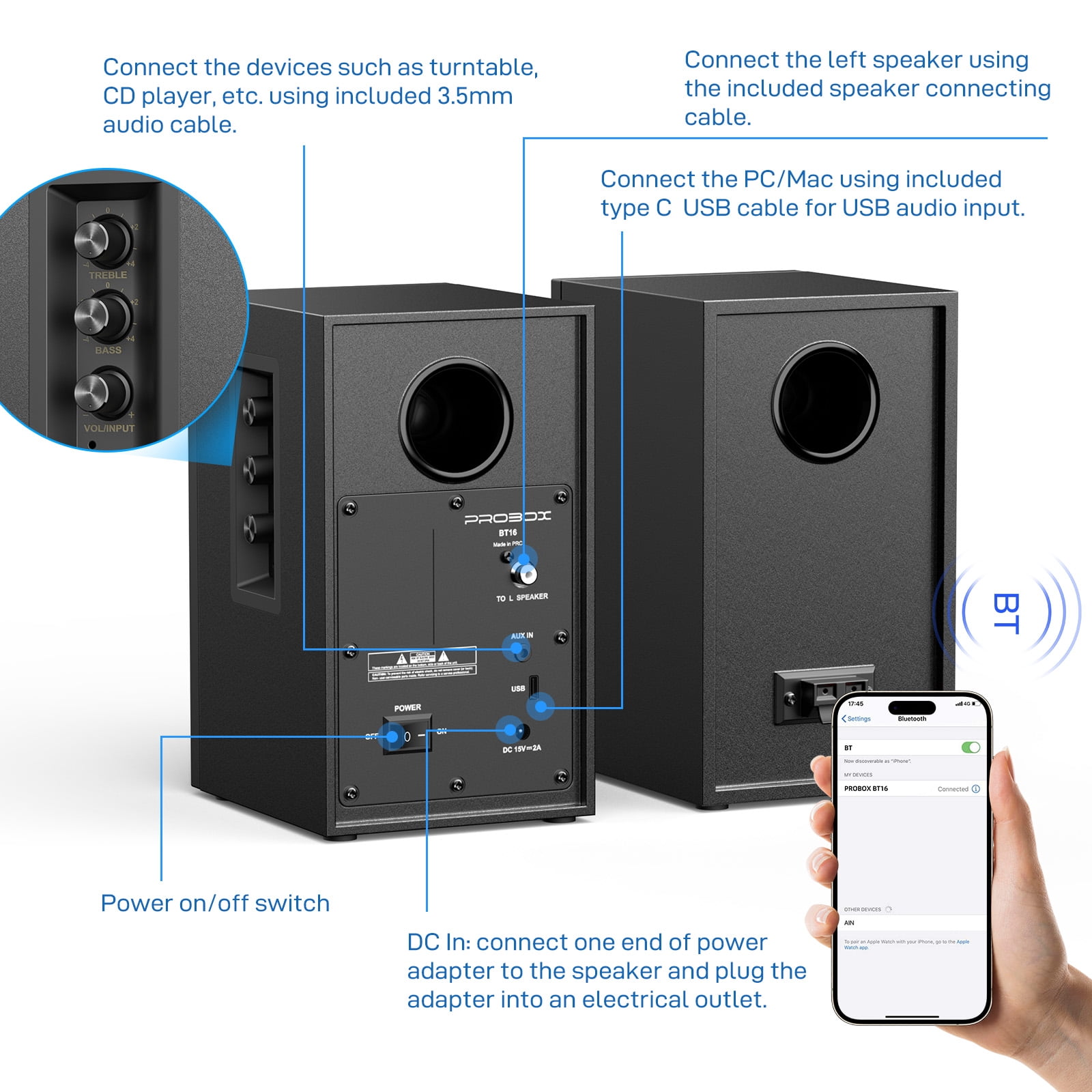 BT16 Active Bookshelf Speakers 3.5" Woofer with 1" Tweeter, 60W RMS-Bluetooth 5.3, Built-in 24bit DAC Dynamic 3D 2.0 Surround Sound, Computer Gaming PC Speakers - Black