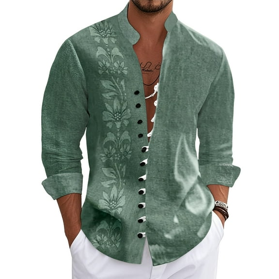 Mens Shirts Long Sleeve Western Retro Style Casual Button Down Shirt Stand Collar Shirts Beach Vacation Wedding Shirts Army Green L