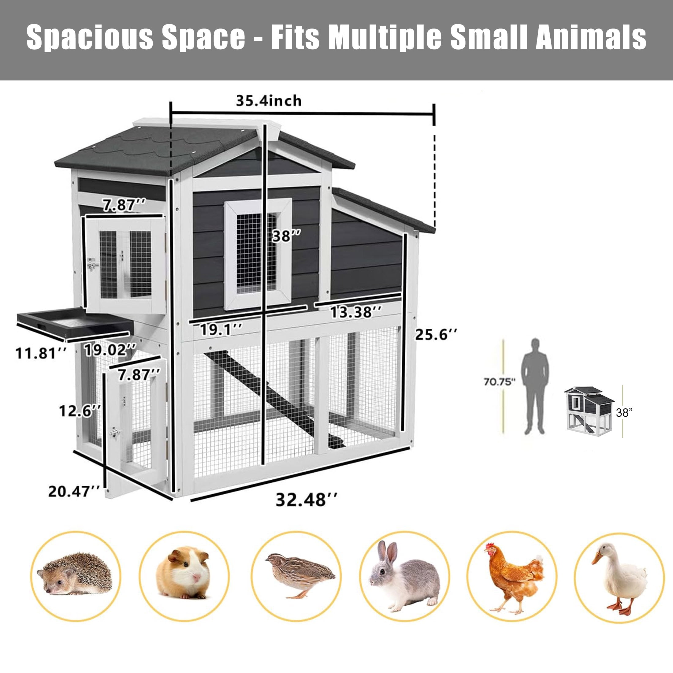 Outdoor 2-Tier Weatherproof Duck Coop, Wooden Duck Hutch with Open Roof, Suitable for 2-3 Ducks, Black & White