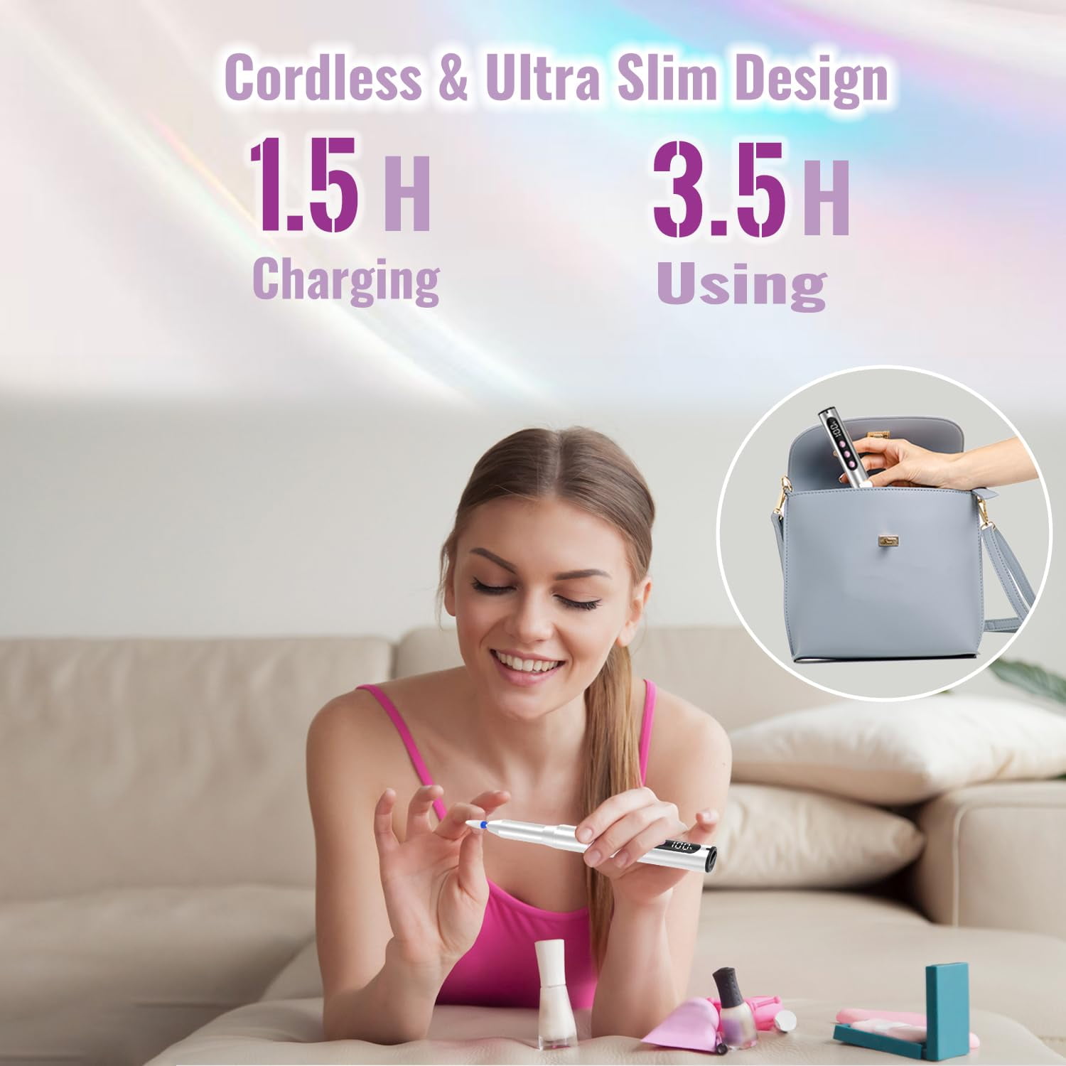 Cordless Electric Nail Drill, 35,000 RPM Rechargeable Nail Drill Machine with 12 Nail Drill Bits, Portable Electric Nail File with LCD Display for Acrylic and Gel Nails, Manicure & Pedicure, Silver