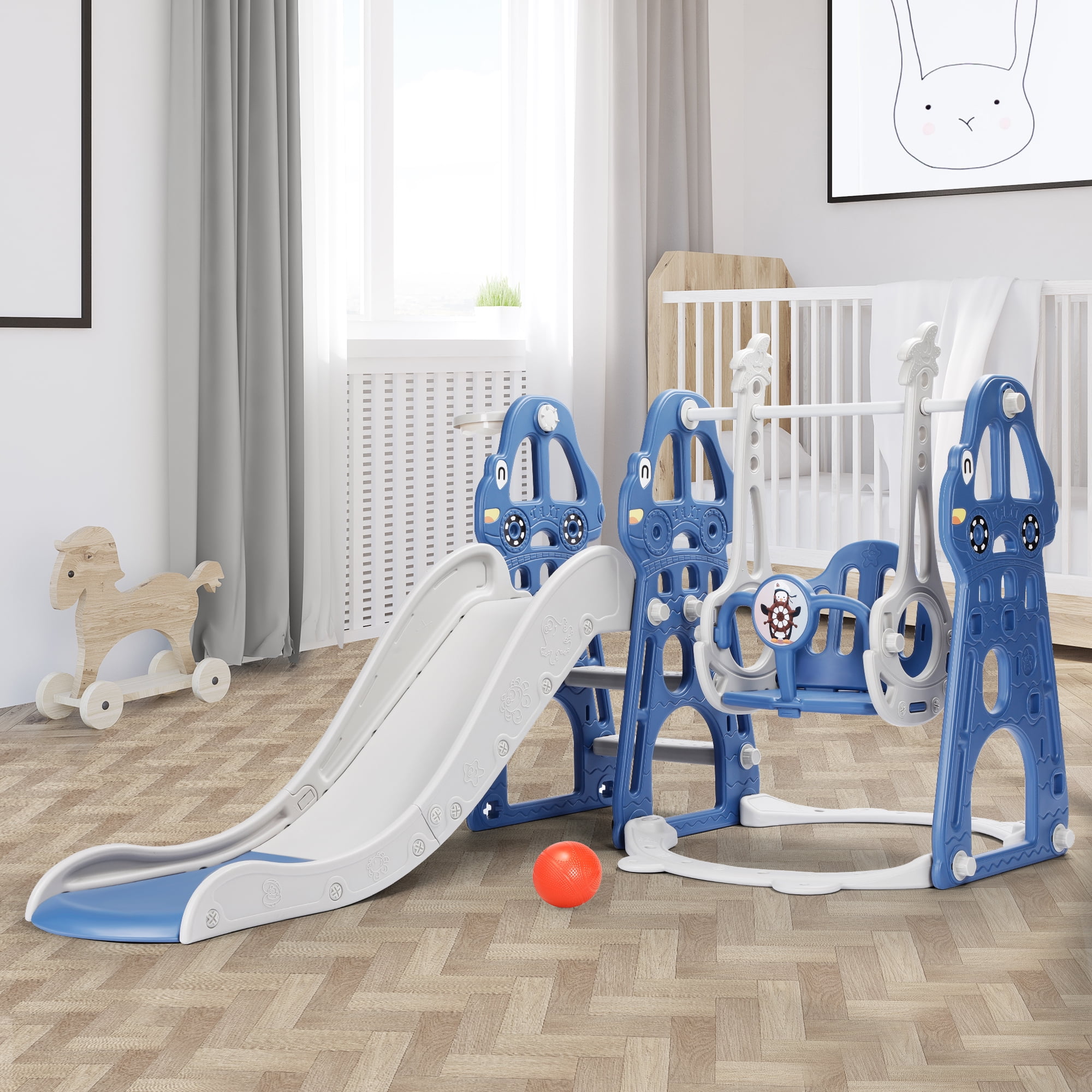 Easoger 4 in 1 Toddler Swing and Slide Unisex Child & Teen Swing Sets, Blue, 110 lb