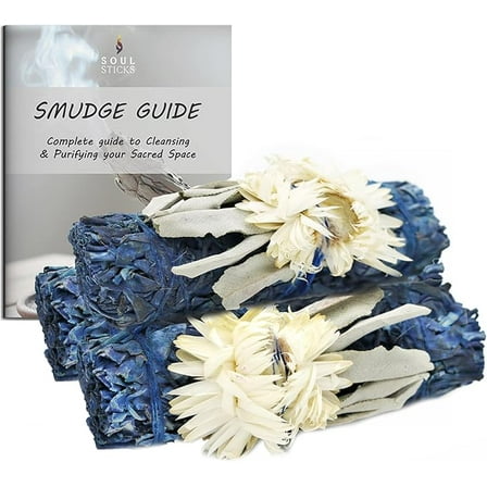 Soul Sticks 3 Pack Blue Moon Floral White Sage Smudge Sticks Bundle with Flowers for Cleansing Home, Meditation, Yoga, Healing and Smudging, Sustainably Sourced California