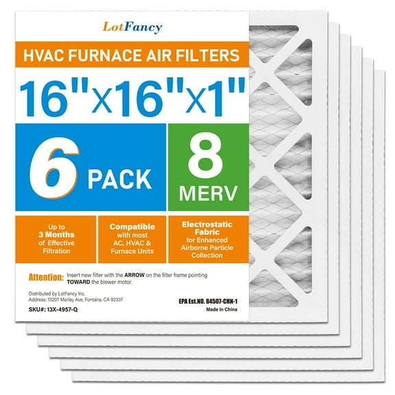 LotFancy 16x16x1 Air Filters, 6 Pack, MERV 8 Pleated HVAC AC Furnace Filters