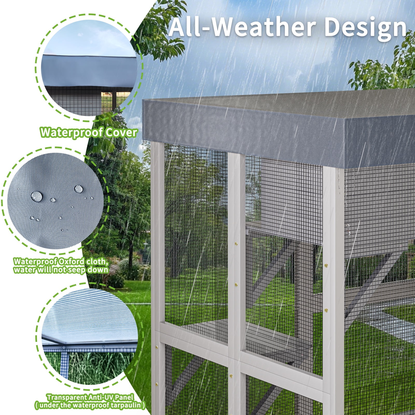 Seizeen 70’’H Catio for Outdoor, Solid Wood Cat House Enclosure, Indoor Pet Cage w/6 Jumping Platforms & 2 Napping Houses, Weatherproof Roof