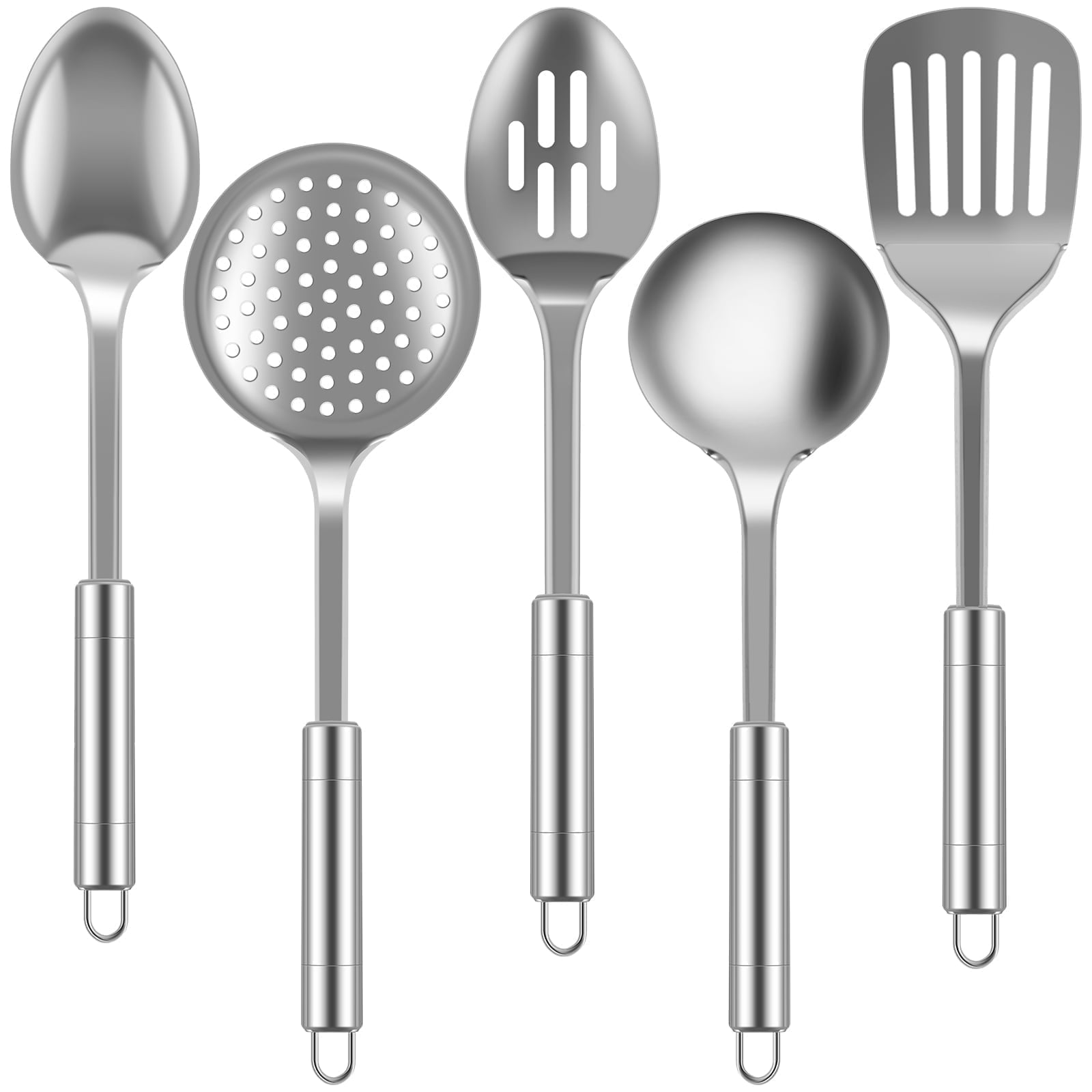 Stainless Steel Cooking Utensils Set, 5-Piece Heavy Duty Metal Kitchen Spoons and Spatula for Cooking, Dishwasher Safe, Silver