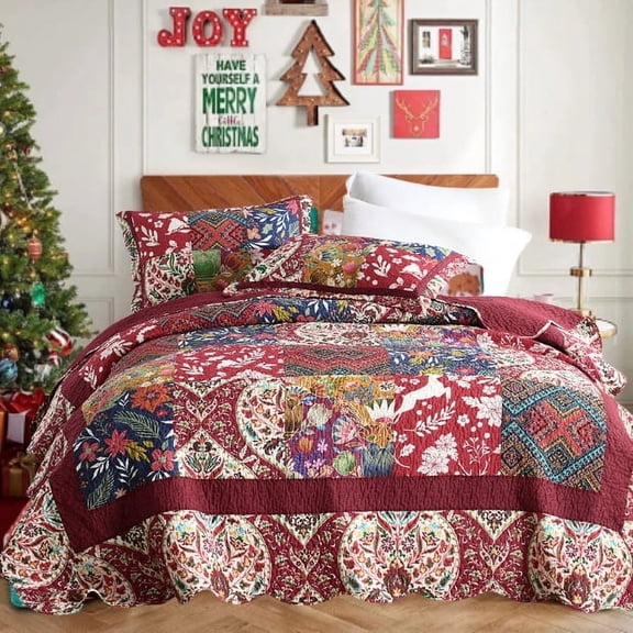 Visimisi 100%Cotton Christmas Bedspread Quilt Bedding Sets 3 Pieces Reversible Coverlet Sets Comforters Gorgeous Paisley Floral Patchwork Red Bedspread, King Size