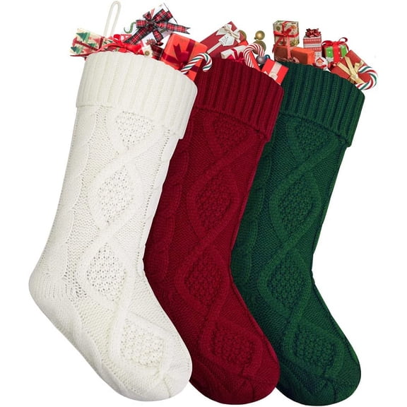 Christmas Stockings, Clearance 3 Packs 18" Happiwiz Knit Christmas Stockings Kits Green, Ivory & Red, Xmas Stockings Set for Kids, Xmas Tree Holiday Family Party Fireplace Hanging Decorations