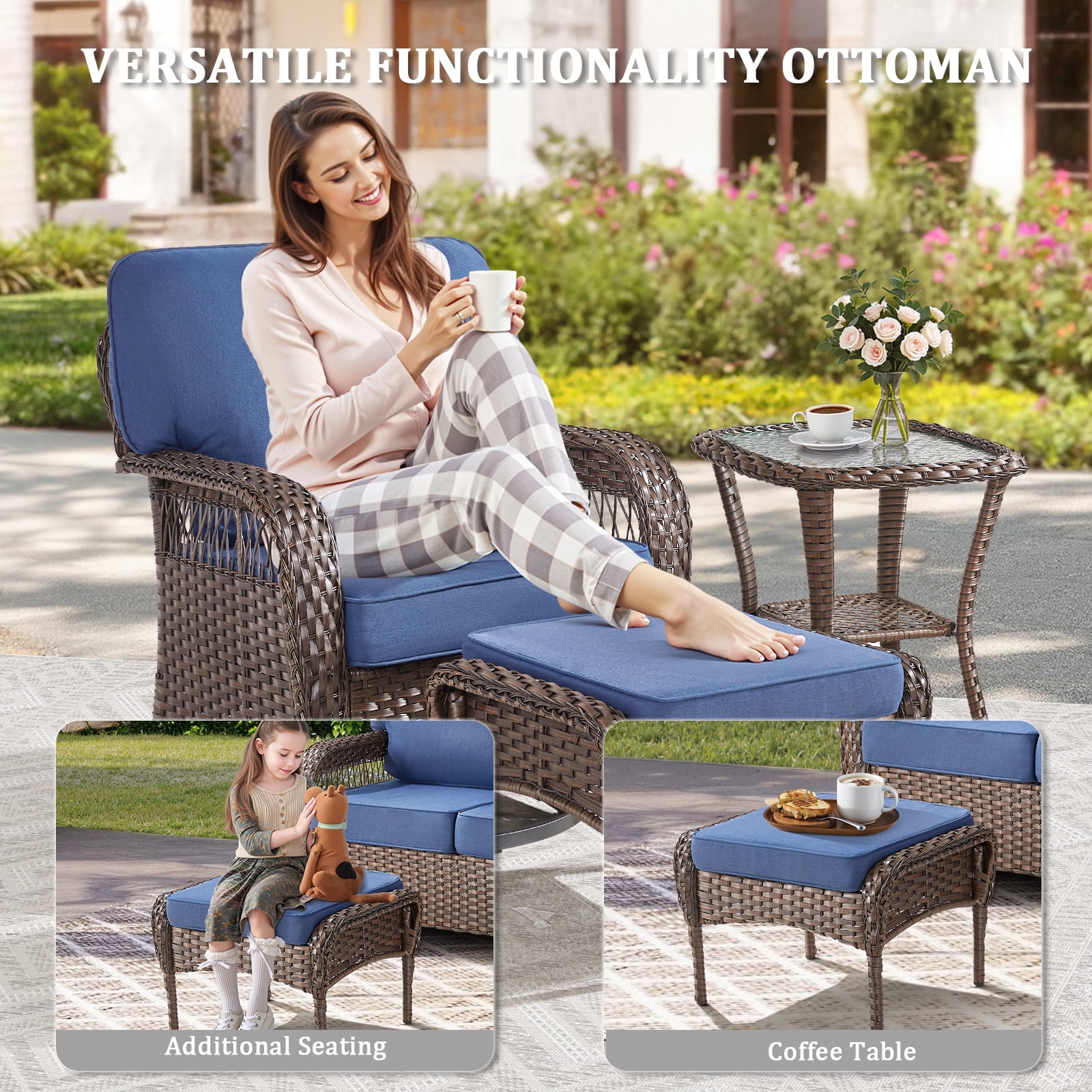 Hommoo Outdoor PE Wicker Ottomans Set of 2, Patio Brown Rattan Footrests with Cushion for Backyard or Deck, Blue