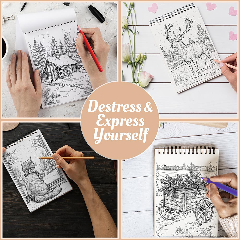 Netecom Winter Charm Coloring Book Spiral Bound For Adults, A5 Wooden Cover, 30 Scenic Coloring Pages in Frosty Landscapes of Nature's Beauty for Stress Relief and Relaxation
