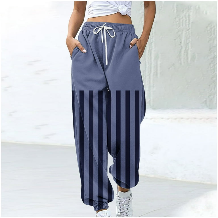 Women's Plus Size Striped Baggy Sweatpants - Wide Leg, Drawstring Waist, Athletic Track Pants