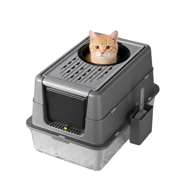 Cat Litter Box – Extra Large Stainless Steel – Dual Entry (Front & Top) – 180° Flip Lid – Leak-Proof & Odor Control – Easy Clean & Anti-Slip – Multi-Cat & Large Cats – Light Black – 60x40x38.5cm