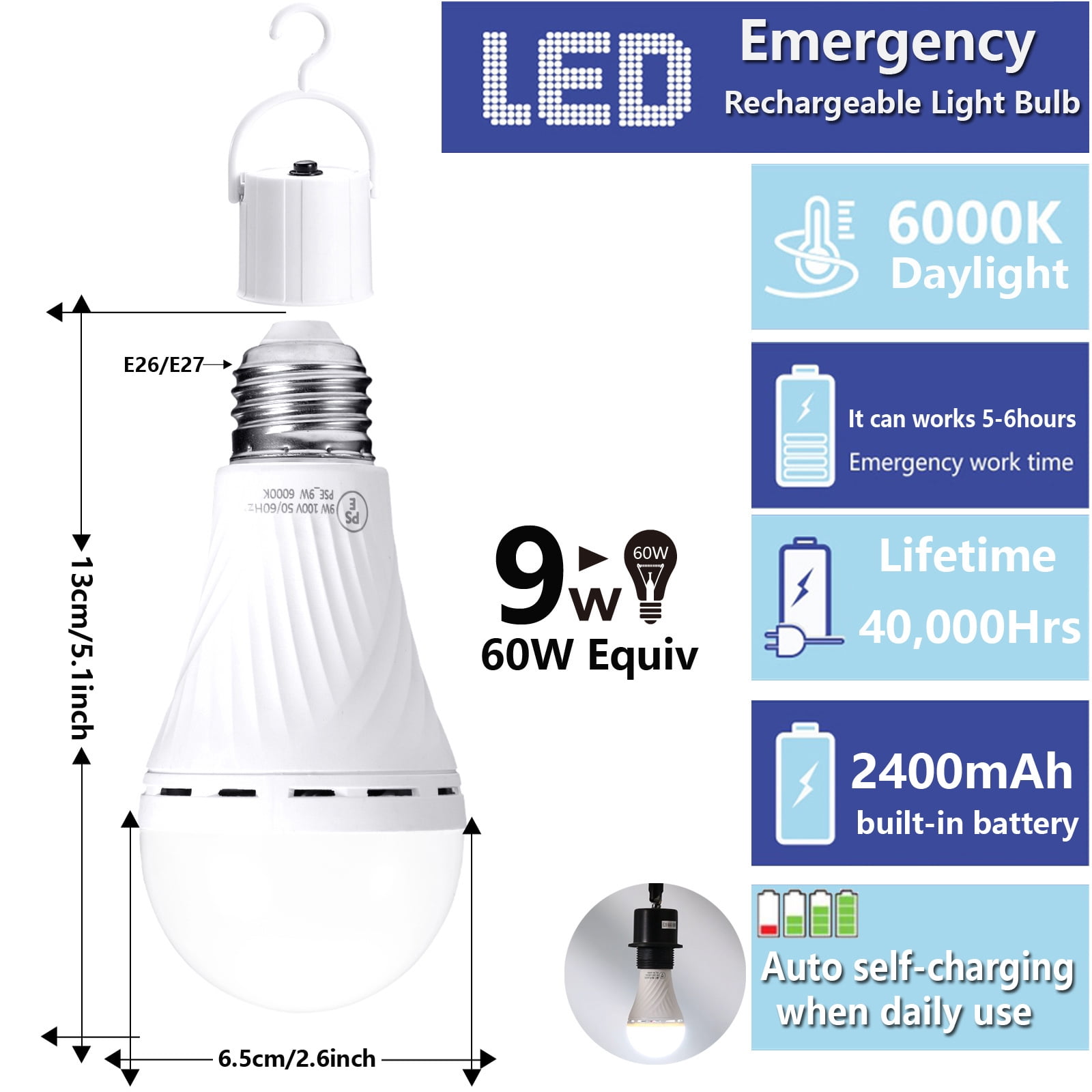 Rechargeable Emergency Light Bulb 【1 YEAR WARRANTY】 E27 2400mAh 5 hours 9W-60W  Stay Lights Up When Power Failure,  LED Light Bulbs for Home , Camping , Tent