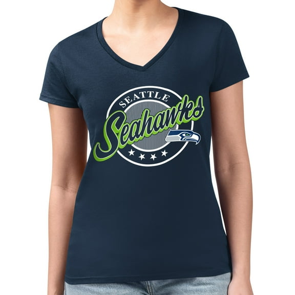Women's G-III 4Her by Carl Banks  Navy Seattle Seahawks Super-Slim Fit Lightweight Pinstripe Circle V-Neck T-Shirt