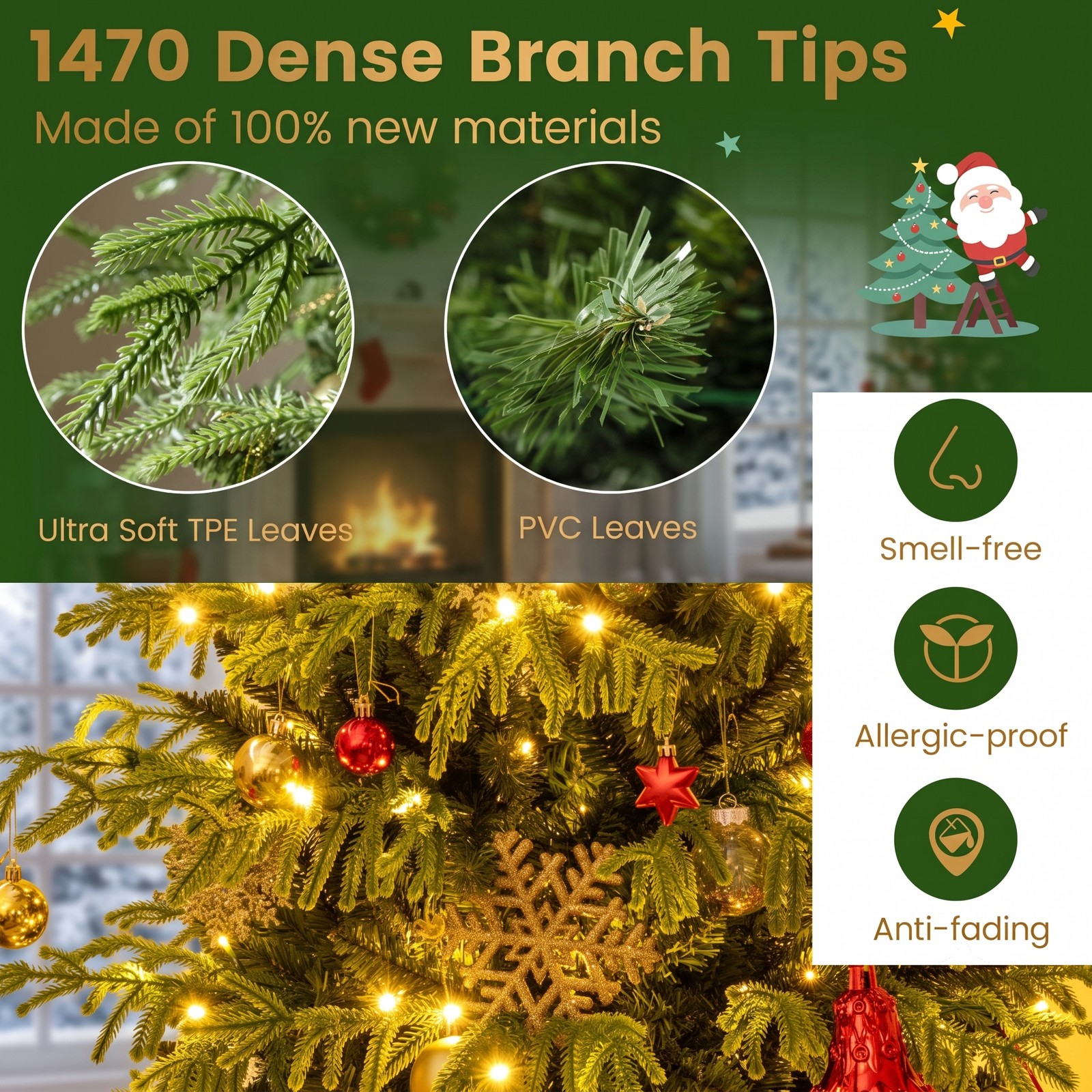 RUIE 8 FT Artificial Christmas Tree with 470 Warm White LED Lights, Pre-Lit Hinged Xmas Tree with 1470 PVC Mixed Branch Tips and Folding Metal Stand for Holiday, Green