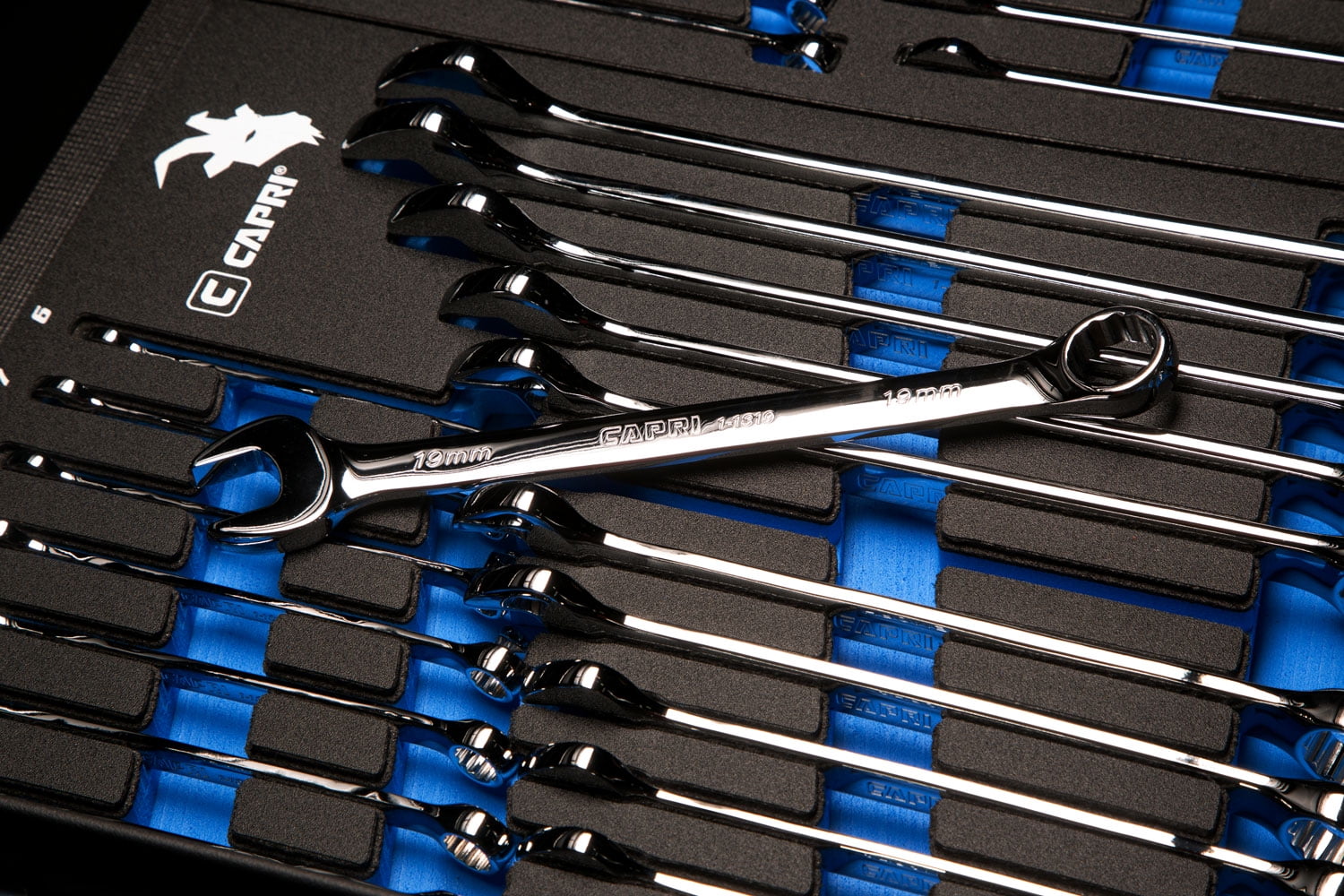19-Piece Capri Tools SmartKrome Combination Wrench Set with The Mechanics Tray Metric 6 to 24 mm CP11390MT