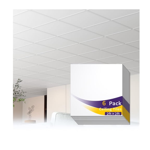 2x4FT White Ceiling Tiles, 24x48 Inch 6 PCS PVC Waterproof Smooth Drop Ceiling Panels Fire-Rated Reusable Ideal for Bedroom Living Room Basement Bathroom Commercial Space Cover 48 Sq.Ft