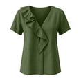 thumbnail image 4 of Xdegoge Cotton Linen Tops for Women Ruffle V Neck Short Sleeve Casual Summer T Shirts Loose Fit Elegant Dressy Work Basic Flowy Tunic Vacation Tees, 4 of 6