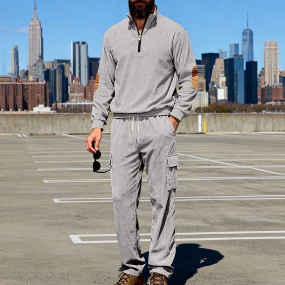 DayScoop Mens Sweat Suit Solid Color Sports Set Fashion Casual Long Sleeve Fall Winter Half Zip Outdoor Elastic Waist Drawstring Pants Corduroy Pocket Sportswear