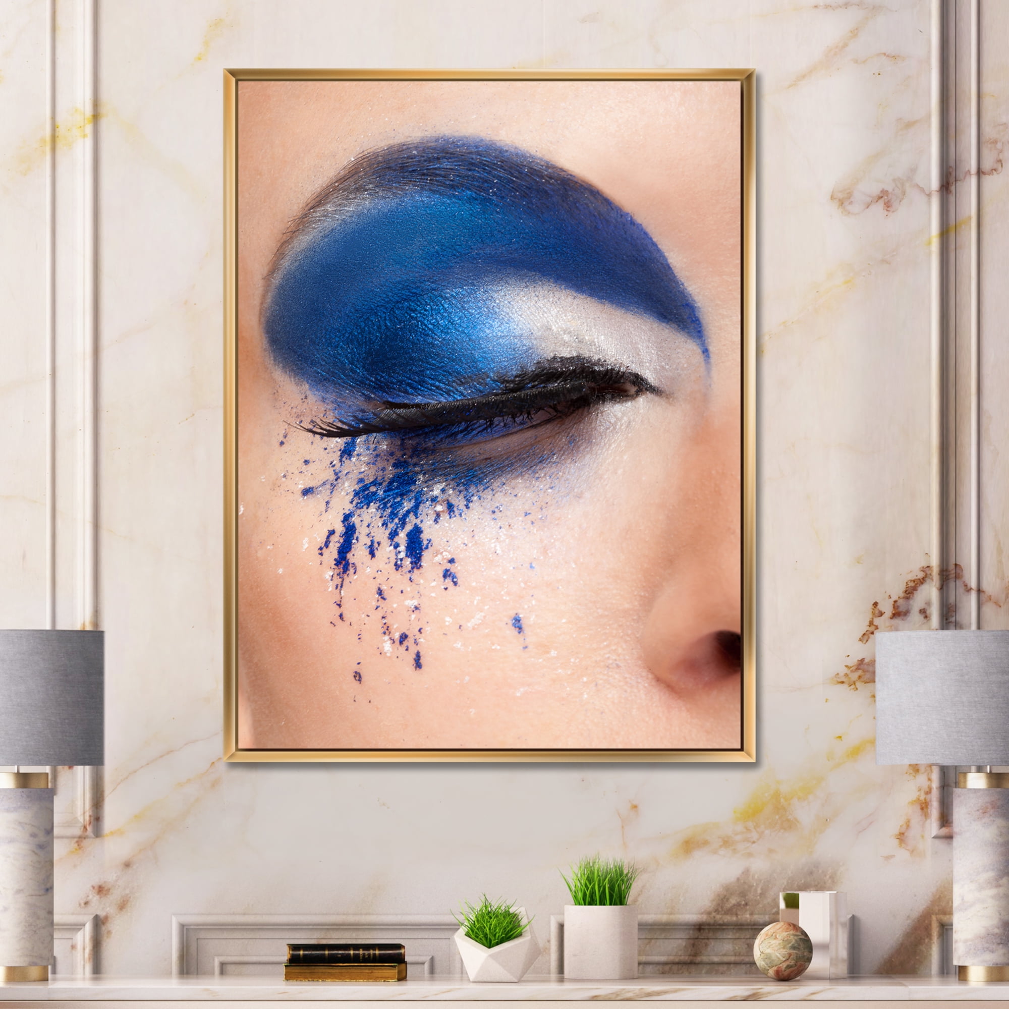 Designart 'Closed Woman Eye With Blue Fantasy Make Up' Modern Framed Canvas Wall Art Print