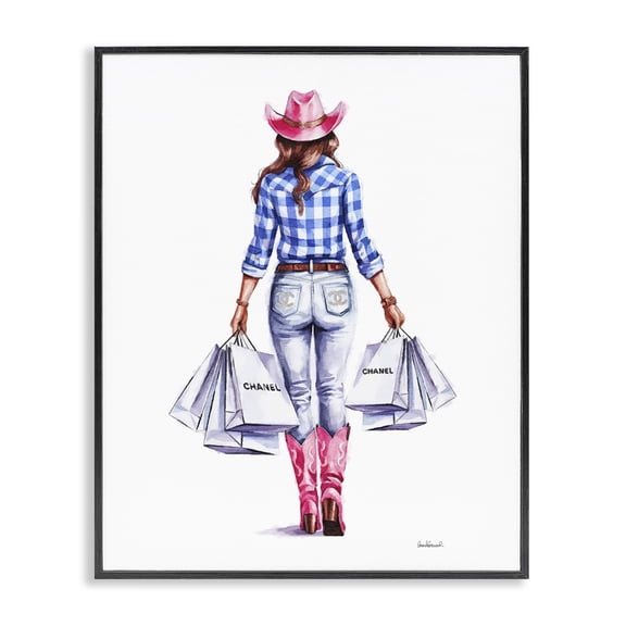Stupell Industries Cowgirl & Shopping Bags People Painting Black Framed Art Print Wall Art, 11 x 14