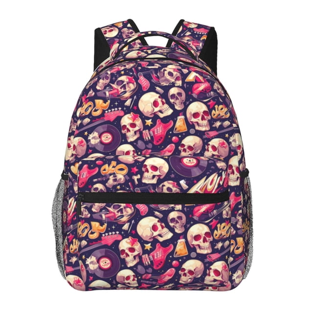 Easygdp music Skull record Guitar Mochila Ergonómica Versátil para Laptop - Múltiples Bolsillos, Correas Ajustables, Unisex para Escuela, Viajes y Actividades al Aire Libre-One Size