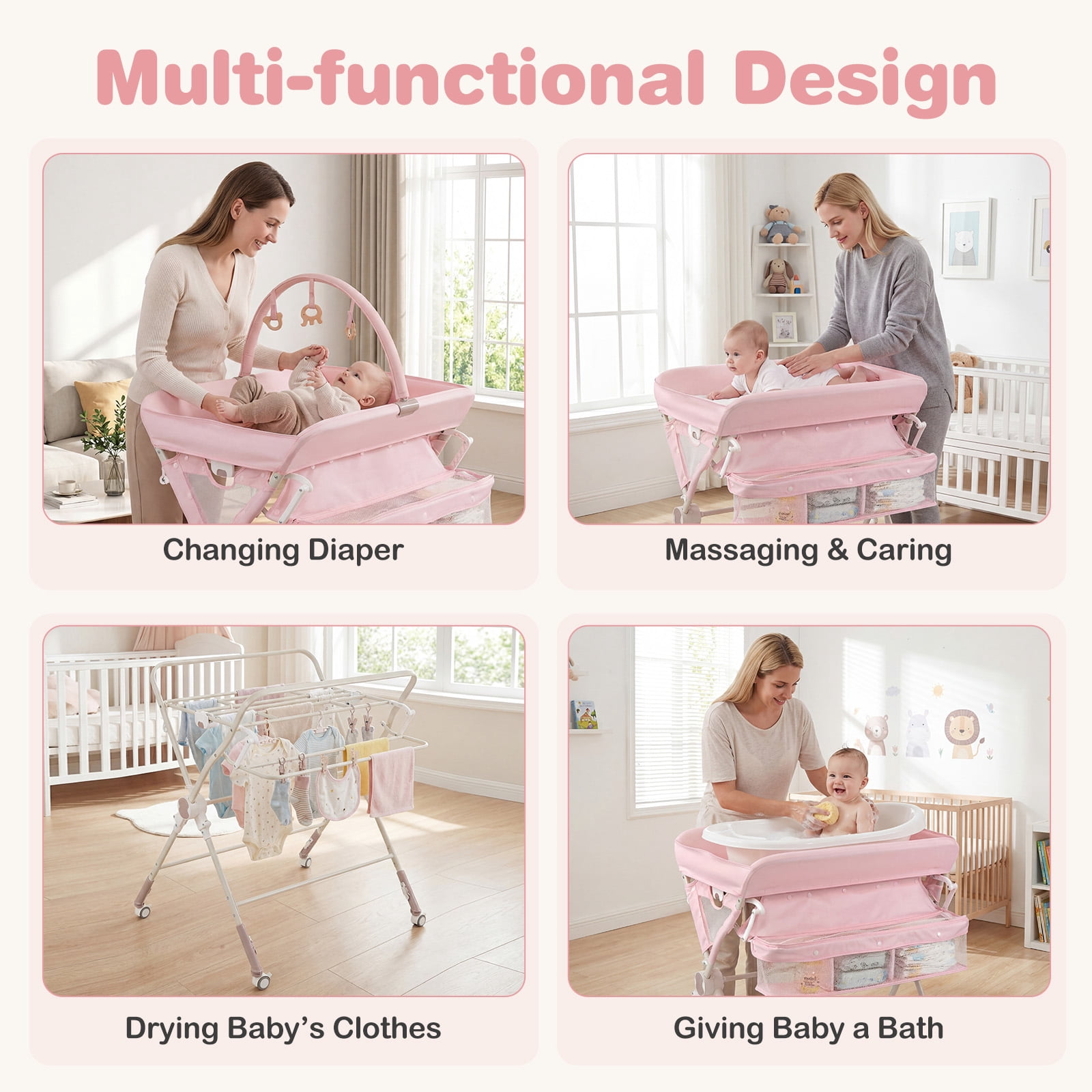 Infans Baby Changing Table w/Storage Bag Shelf Toys Lockable Wheels Adjustable Heights