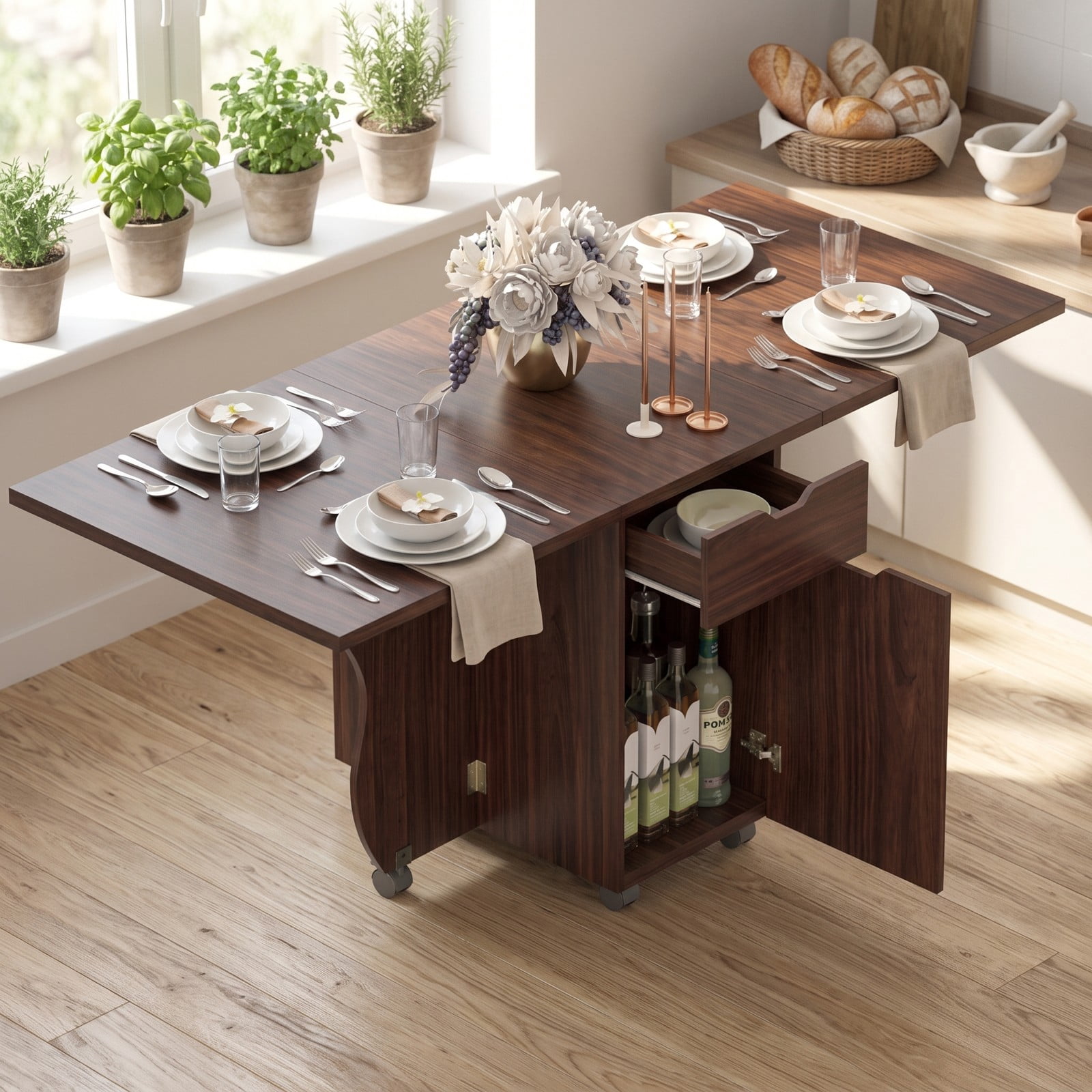 Furnibear 3-in-1 Folding Dining Table, Space-Saving Drop Leaf Kitchen Table with Storage Drawers, Cabinet & 6 Lockable Wheels for Small Spaces, Walnut