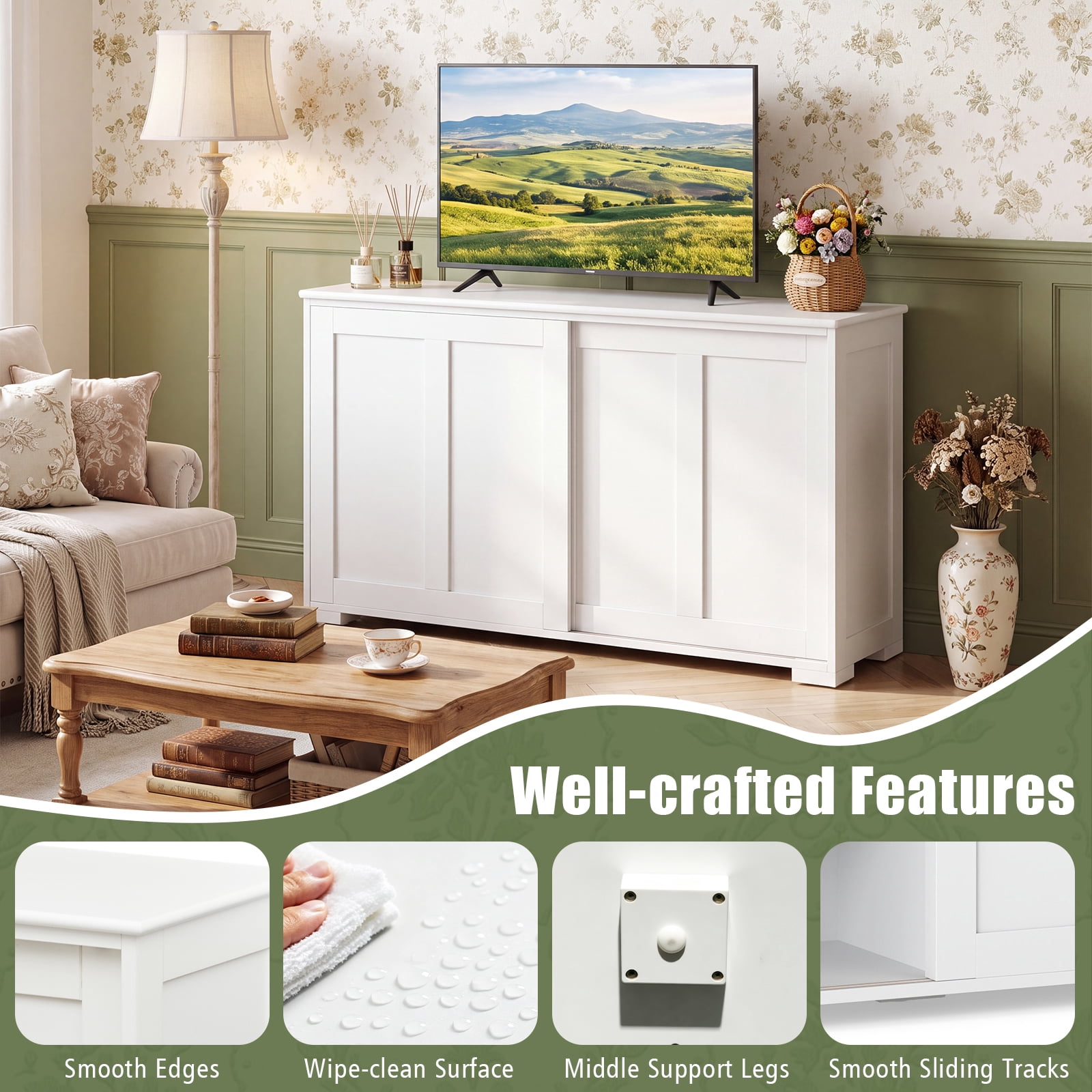Costway 42" Sideboard Buffet Cabinet Wooden Kitchen Storage Cabinet White