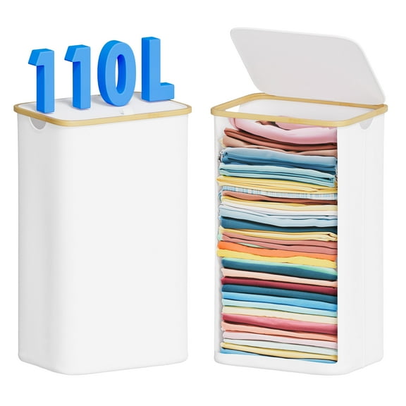 Tooloton 110L Large Laundry Hamper, Foldable Laundry Hamper, White