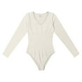 thumbnail image 3 of Skinny Solid Color V-Neck Long Sleeve Bodysuit,Women's Knitted Underwear Leggings Slim Jumpsuit Bodysuit Top, 3 of 7